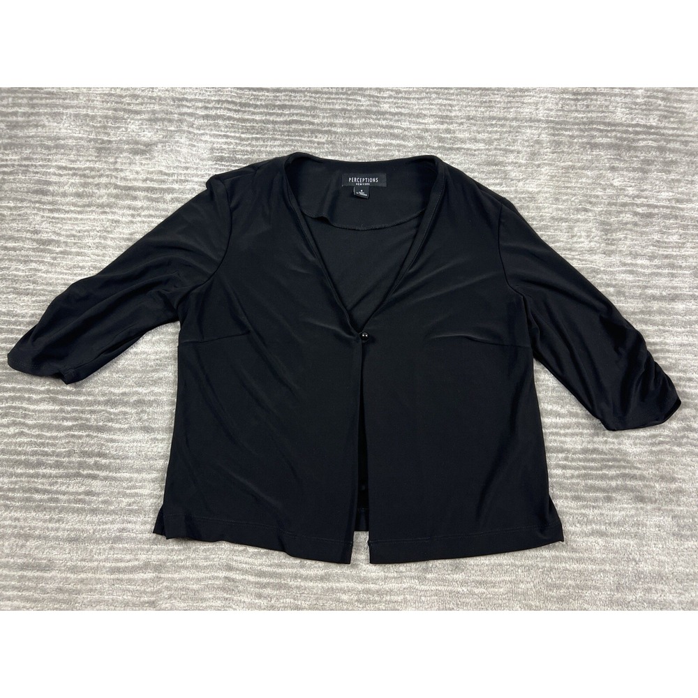 Perceptions Cardigan Jacket Womens 8 Black Single Button 3/4 Ruched Sleeve Shrug
